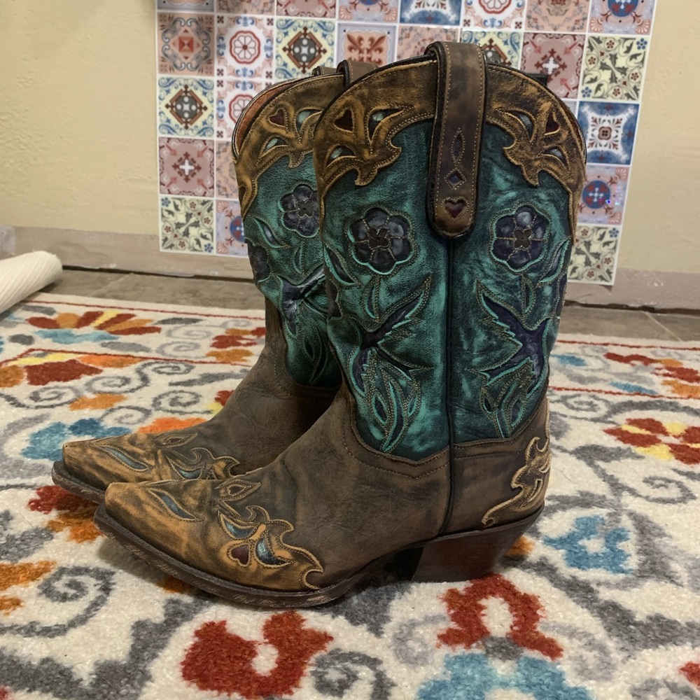 Dan Post Brown and Blue Heeled Boots with Embroidery